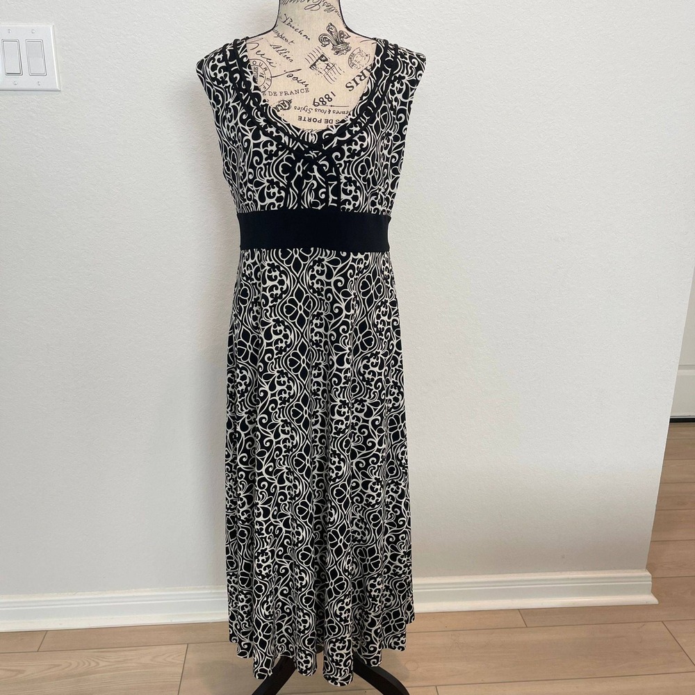 Glamour Women's Black White Scroll Print Maxi Dress Size 14 Sleeveless Belted